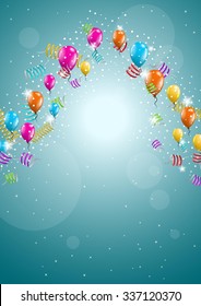 flying balloon and confetti on festive blue background