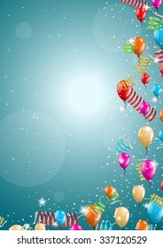 flying balloon and confetti on festive blue background
