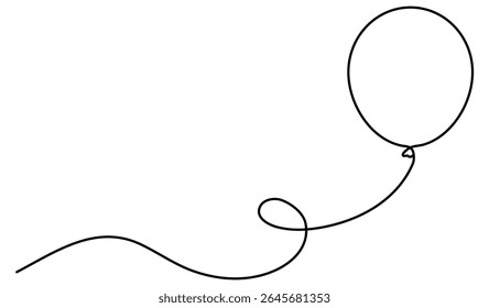 Flying balloon continuous line art drawn. Birthday gift concept. Vector illustration isolated on white.