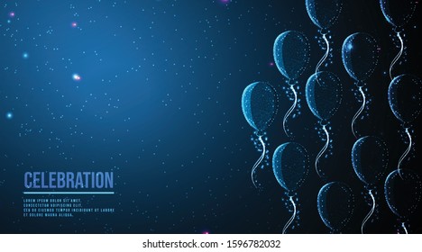 flying balloon decoration. celebration, anniversary, birthday background concept.  abstract low poly wireframe mesh design. from connecting dot and line. vector illustration.futuristic design on dark 