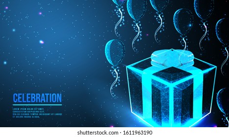 flying balloon decoration, gift box celebration, anniversary, birthday background concept. abstract low poly wireframe mesh design. from connecting dot and line. vector illustration.futuristic