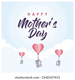 Flying balloon with gift box. Heart-shaped love symbol for Mother's Day. Mother's Day concept. Flat vector illustration.