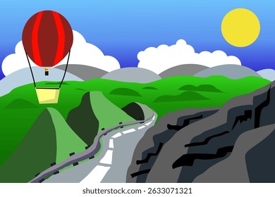 Volando en globo sobre el paisaje montañoso. Paisaje con colinas y rocas bajo cielo azul con nubes blancas. Camino que conduce a través del paisaje entre colinas y rocas.