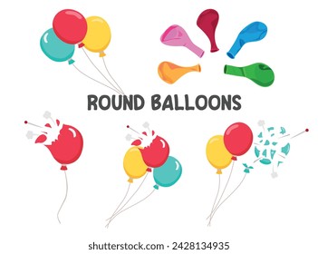 Flying balloon, popped balloon, uninflated balloon vector isolated on white background. Popped balloon clip art. Flat vector in cartoon style.