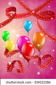 flying balloon and ribbons on festive red background