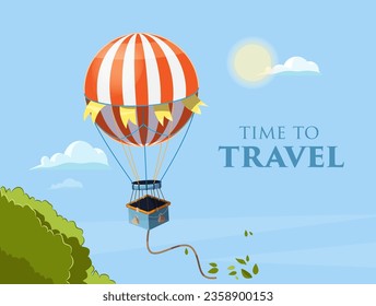 A flying balloon, trees and clouds on a blue sky background. The inscription is time to travel. Vector graphics
