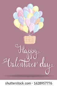 Flying balloons background vector illustration isolated on cacao background, flat festive balloons decoration for party banner, card, gift. Lettering Happy Valentine's day