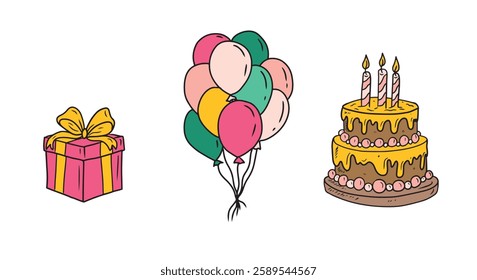 Flying balloons, big birthday cake and gift box isolated on white background. Hand drawn vector ink illustration in vintage flat style. Happy Birthday greeting card, decorative banner, stickers