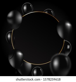 Flying balloons, black frame with luxury golden line on black background. Black Friday promotion, grand opening. Banner and background, brochure and flyer design concept. Vector