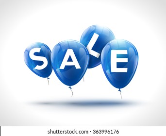 Flying balloons, concept of SALE for shops. Four Blue flying party balloons with text SALE. Sale discount concept vector illustration