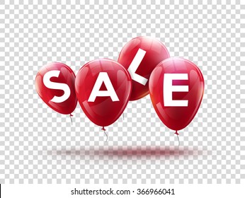 Flying balloons, concept of SALE for shops. Four red flying party balloons isolated with text SALE on transparent. Discount concept vector illustration