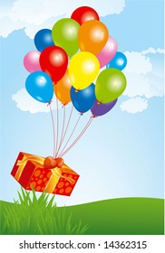 Flying balloons with gift box. Vector.