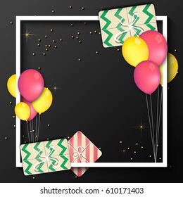 Flying Balloons and Gifts decorated frame with space for your message, Holiday celebrations background. Can be used as greeting and invitation card design.