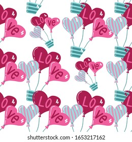 Flying balloons with heart shape red, pink and striped in basket. Valentines Day. Vector seamless pattern. Holiday greeting card, invitation, parties, birthday, valentine's day, wrapping, gift paper.