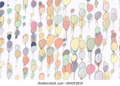 Flying balloons illustrations background abstract, hand drawn. Also for birthday party or celebrations. Cartoon style vector graphic.