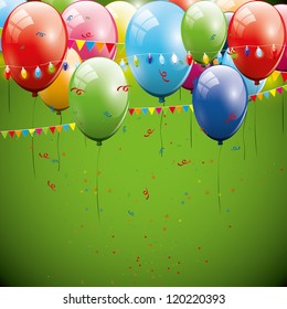 Flying balloons on green background