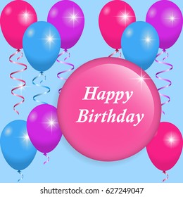 Flying balloons with ribbons and frame for greeting text. Card for holiday, celebration or party. Vector illustration EPS10