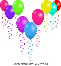 Flying balloons with ribbons isolated on white background. Background for holiday, celebration or party. Vector illustration EPS10