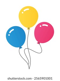 Flying balloons with rope. Bunch of balloons for birthday and party. Color balloons for celebrate and carnival isolated on white background.