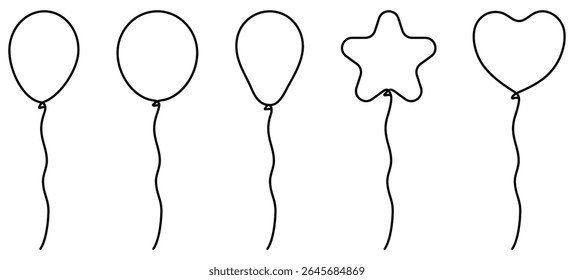 Flying balloons set continuous line drawing. Collection of different linear balloon shapes. Birthday gift concept. Vector illustration isolated on white.
