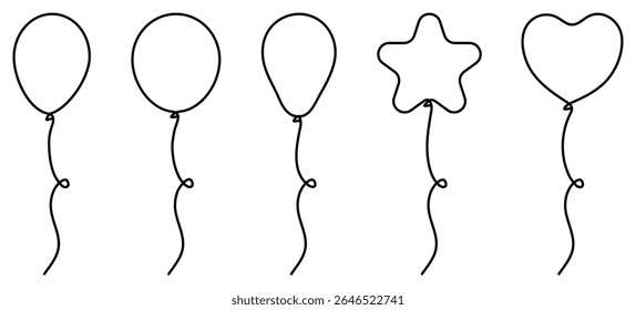 Flying balloons set continuous line drawing. Collection of different linear balloon shapes. Birthday gift concept. Vector illustration isolated on white.