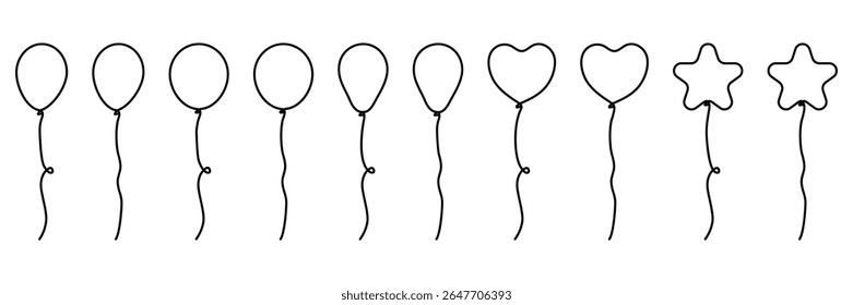 Flying balloons set continuous line drawing. Collection of different linear balloon shapes. Birthday gift concept. Vector illustration isolated on white.