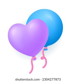 Flying balloons in shape of heart and circle 3D illustration. Cartoon drawing of blue and purple balloons in 3D style on white background. Love, romance, leisure, celebration, Valentine day concept