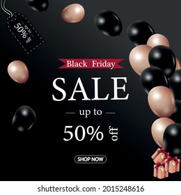 Globos voladores en el cielo. Estilo Realista. Venta. Viernes Negro. Diseño de fondo moderno. Ilustración del vector de material. Evento de compras en línea.Símbolo de oferta especial.