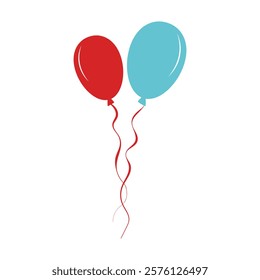 Flying balloons with strings in flat design. Red and blue flying decoration. Vector illustration isolated.