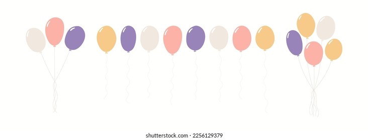 Flying balloons with strings in pastel colors clipart collection, isolated on white. Hand drawn vector illustration. Scandinavian style flat design. Cartoon elements set for kids print, birthday party