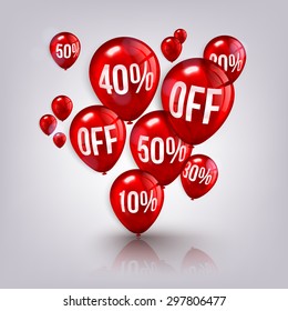 Flying balloons with text SALE and discount.