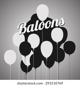 flying balloons white and black silhouette, vector illustration poster