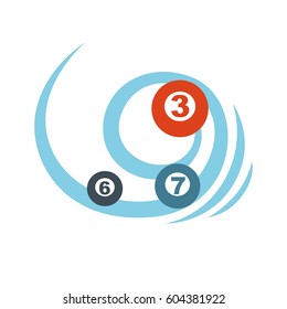 Flying balls or lottery colorful numbers graphic icon. Blue vortex rotates non-ferrous ores with numerics. Vector illustration in cartoon style flat design for infographics, websites, mobile app.