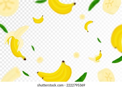 Flying Banana background, seamless pattern with defocused blury effect. Falling Ripe banana and palm leaves isolated. Can be used for wallpaper, banner, poster, print, fabric, wrapping paper. Vector
