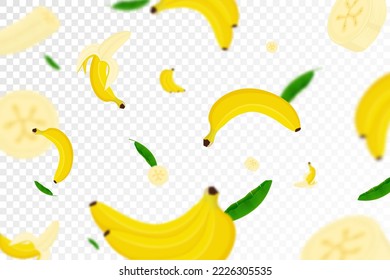 Flying Banana background, seamless pattern with defocused blur effect. Falling Ripe banana and palm leaves isolated. Can be used for wallpaper, banner, poster, print, fabric, wrapping paper. Vector