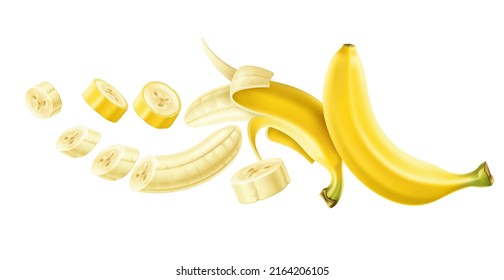 Flying banana composition. Realistic tropical sweet fruit isolated on white background. Cleaning, slicing process, falling pieces and whole, 3d natural healthy food, vector concept