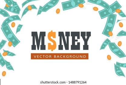 Flying banknotes and coins banner vector illustration. Frame with big amount of green floating money and golden shiners in air flat style. Place for text