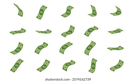 Flying banknotes, dollar cash money bills, falling and swirling green banknotes of usd currency, isolated on white background, illustration Vector EPS 10