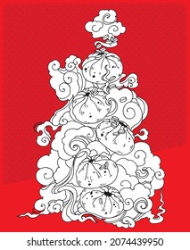 flying baozi on a red background pair with chinese ornament