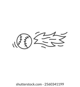 Flying Baseball Ball Illustration. Softball or Sports game dynamic burning symbol in doodle style. Outline vector line art