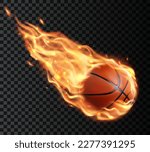 Flying basketball ball with fire flame trails. Vector falling meteorite ball with long blaze tongues. Realistic 3d sport inventory, hot contest promo, isolated sports equipment with ignition trace