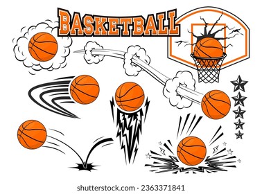 Flying basketball ball icons set in comic style. Basketball banner, poster template. Vector on transparent background