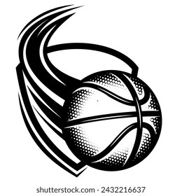 A flying basketball in front of the backboard. Vector monochrome illustration.