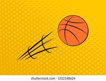 Flying basketball. Pass. Yellow dotted background. Vector illustration