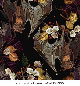 Flying bat, autumn leaves and flowering apple tree flowers. Embroidery seamless pattern. Fall forest. Gothic template for design of clothes, tapestry. Halloween style