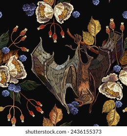 Flying bat, autumn leaves, flowering apple tree and berries. Fall forest. Embroidery design. Gothic template for design of clothes, tapestry. Halloween seamless pattern