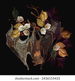 Flying bat, autumn leaves and flowering apple tree flowers. Embroidery. Fall forest. Gothic template for design of clothes, tapestry. Halloween style