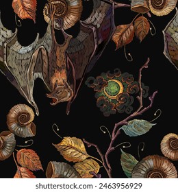 Flying bat, autumn leaves and moon. Embroidery, night seamless pattern. Fall forest. Gothic template for design of clothes, tapestry