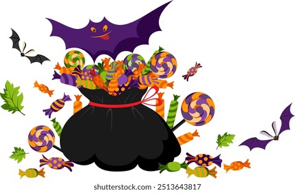 Flying bat with a bag full of sweets. Halloween decoration element.