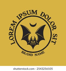 flying bat below the moon silhouette engraving logo